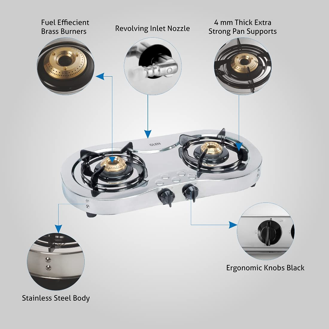 Glen Cooktops CT 1026 SS BB AI2 Burner Stainless Steel Gas Stove with