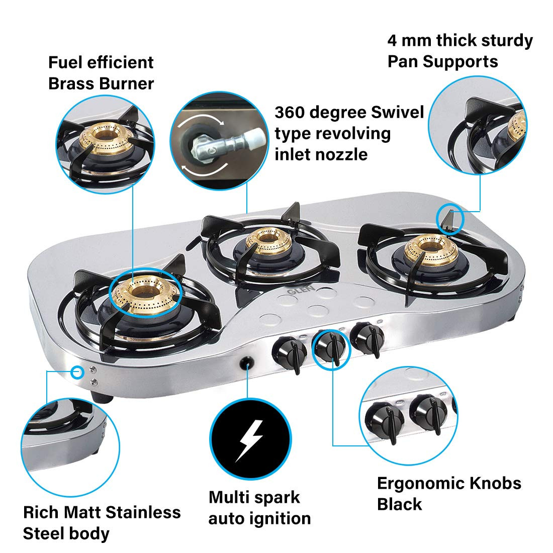 Buy Glen 1035 SS HF BB Stainless Steel 3 Manual Burner at best price