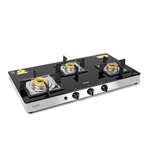 Glen Cooktops Gas Stove -CT 1038 SQ GT SS BB- 3 Burner High Flame Forged Brass Burner, Auto Ignition, Extra Wide Black -Trade Nepal
