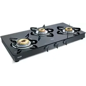 Glen Cooktops 1033 GT XL AI-3 Burner Gas Stove Black Forged Brass Burners with Double Drip tray Glass Manual Gas Stove -Trade Nepal