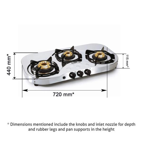 Glen 1035 SS HF BB -Stainless Steel 3 Manual Burner LPG Gas Cooktop -Trade Nepal