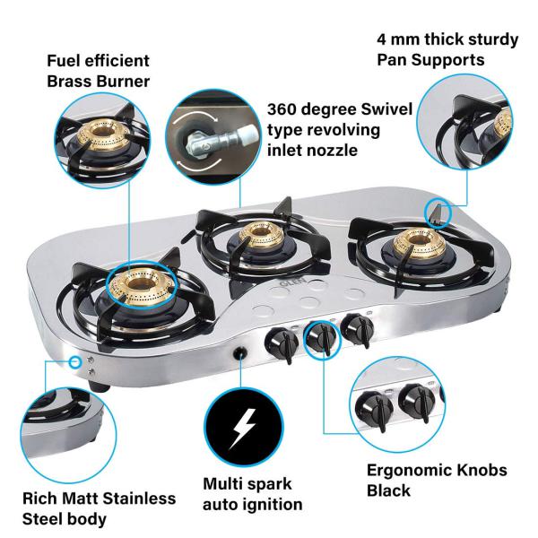 Glen 1035 SS HF BB -Stainless Steel 3 Manual Burner LPG Gas Cooktop -Trade Nepal
