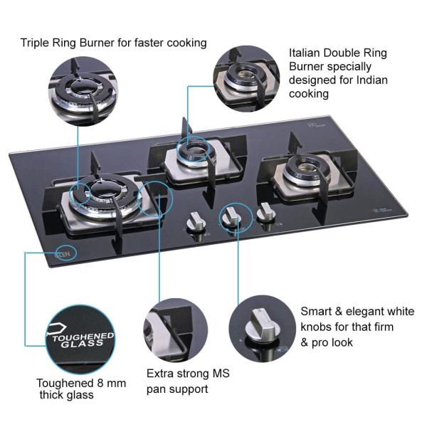 Glen Gas Hob -3 Burner Glass Hob Top Triple Ring Burner Double Ring Forged Brass Burners Auto Ignition (GL 1073 SQ HT DB Mini TR)-Trade Nepal