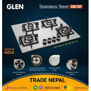 Glen Hob Top 1074SQ HT SS DB MT 70 -4 Burner Ultra Tuff Stainless Steel Gas Stove | Forged Brass Burner | Auto Ignition -Trade Nepal