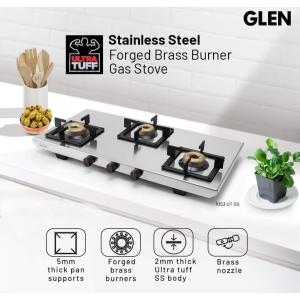 Glen Cooktop 1053 UT SS -3 Burner Ultra Tuff Stainless Steel Gas Stove | Forged Brass Burner | Revolving Inlet Nozzle -Trade Nepal