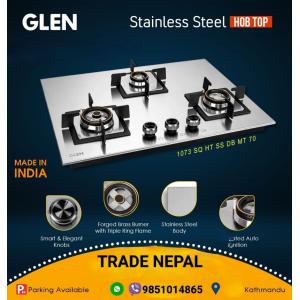 Glen Hob Top 1073SQ HT SS DB MT 70 -3 Burner Ultra Tuff Stainless Steel Gas Stove | Forged Brass Burner | Auto Ignition -Trade Nepal